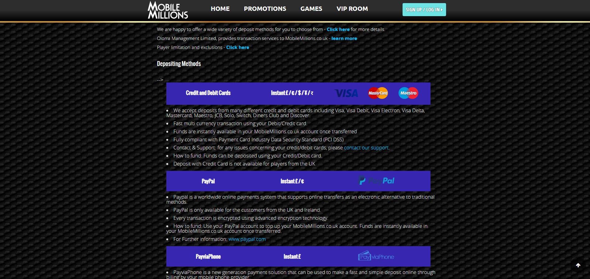 MobileMillions Casino Payment Methods