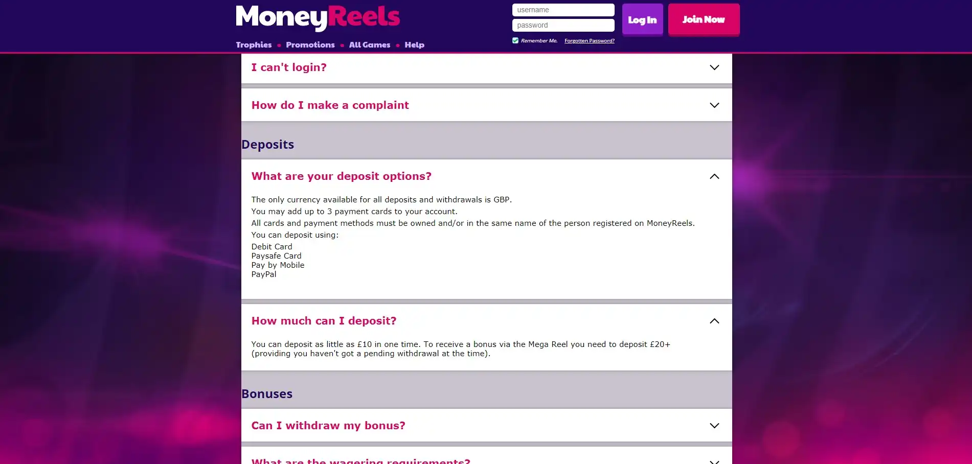 Money Reels Casino Payment Methods