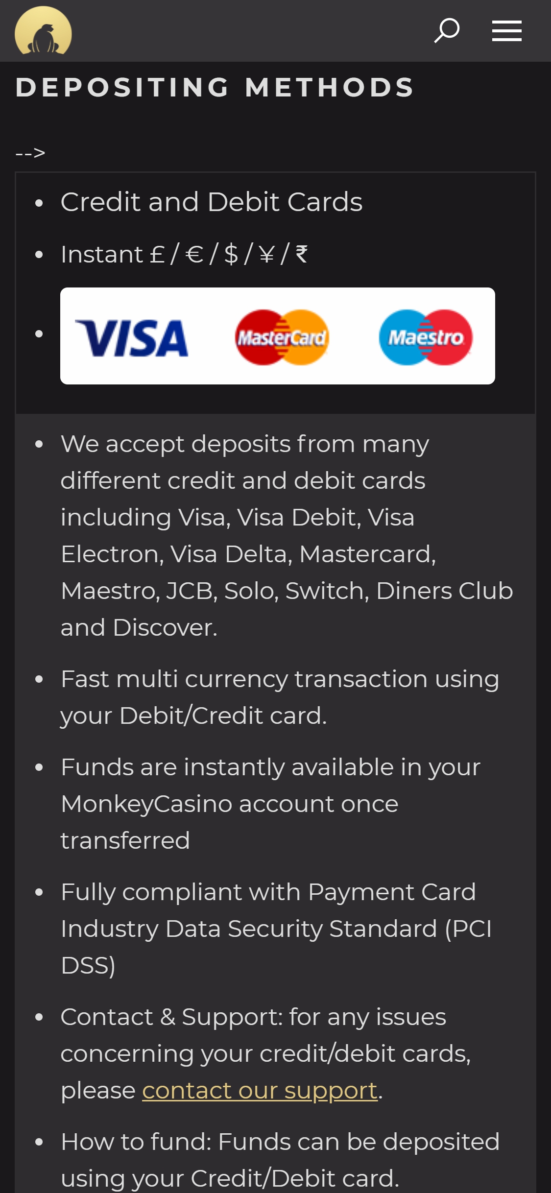 Monkey Casino Mobile Payment Methods Review
