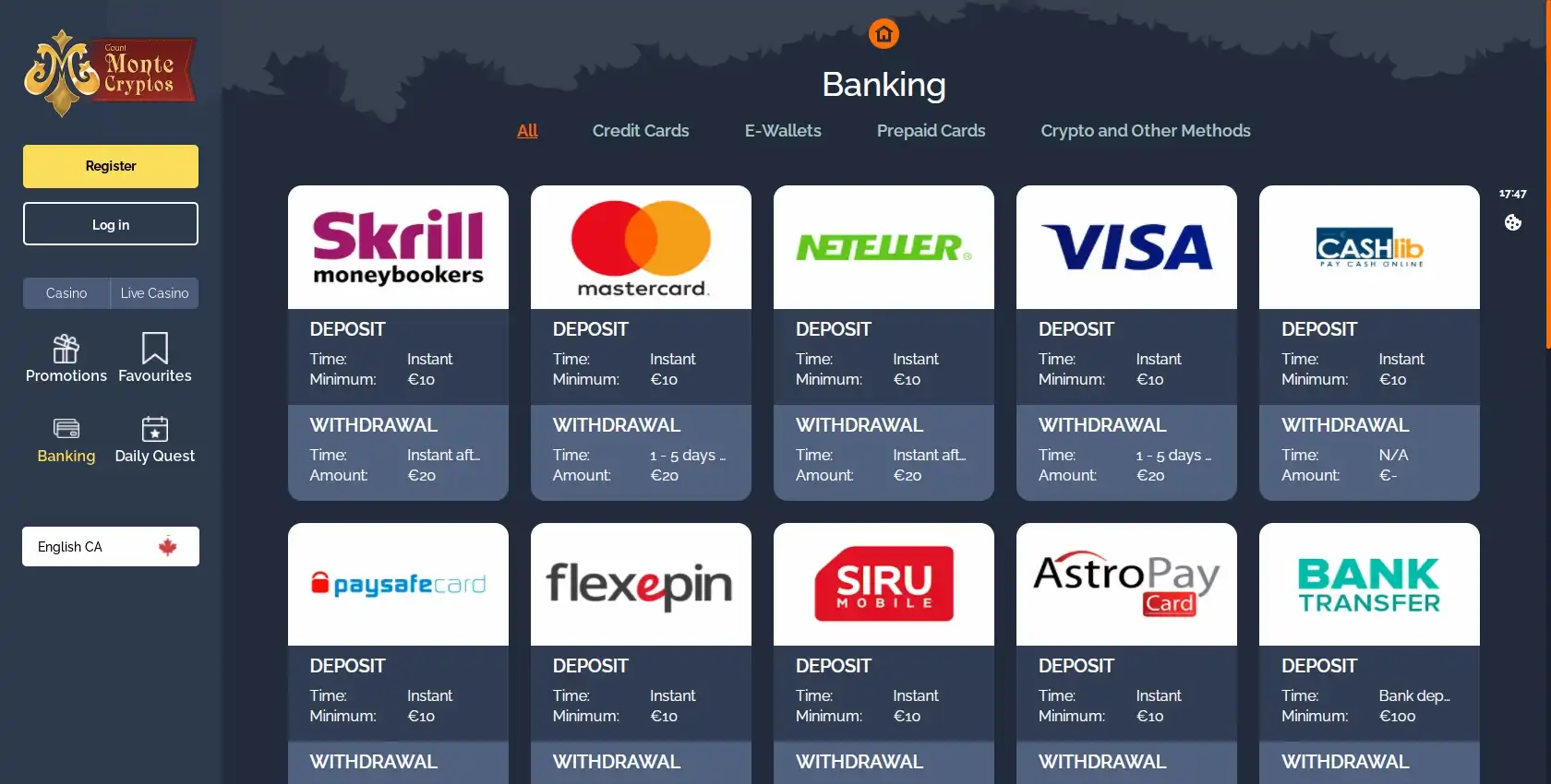 Monte Cryptos Casino Payment Methods
