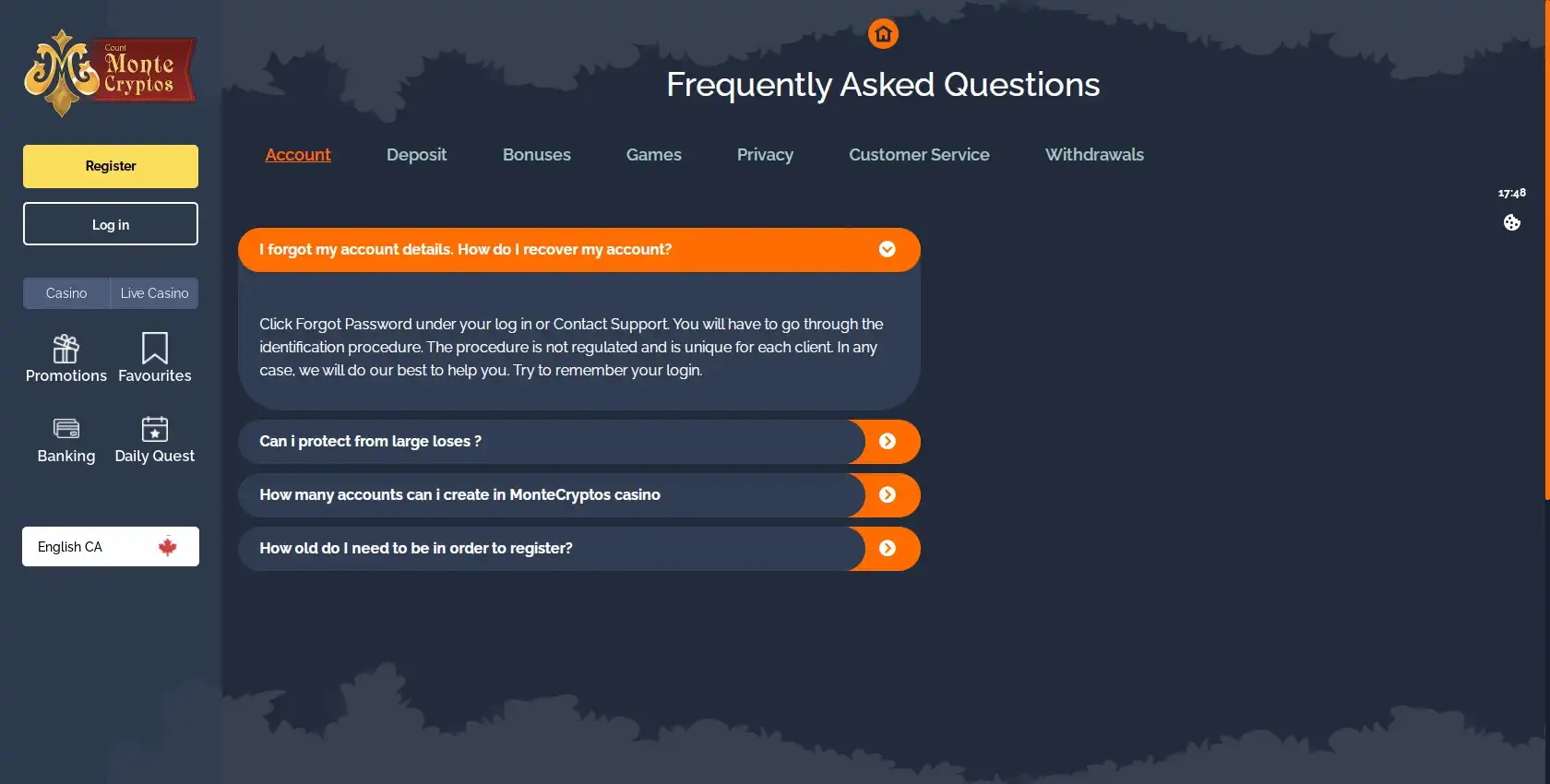 Monte Cryptos Casino Support