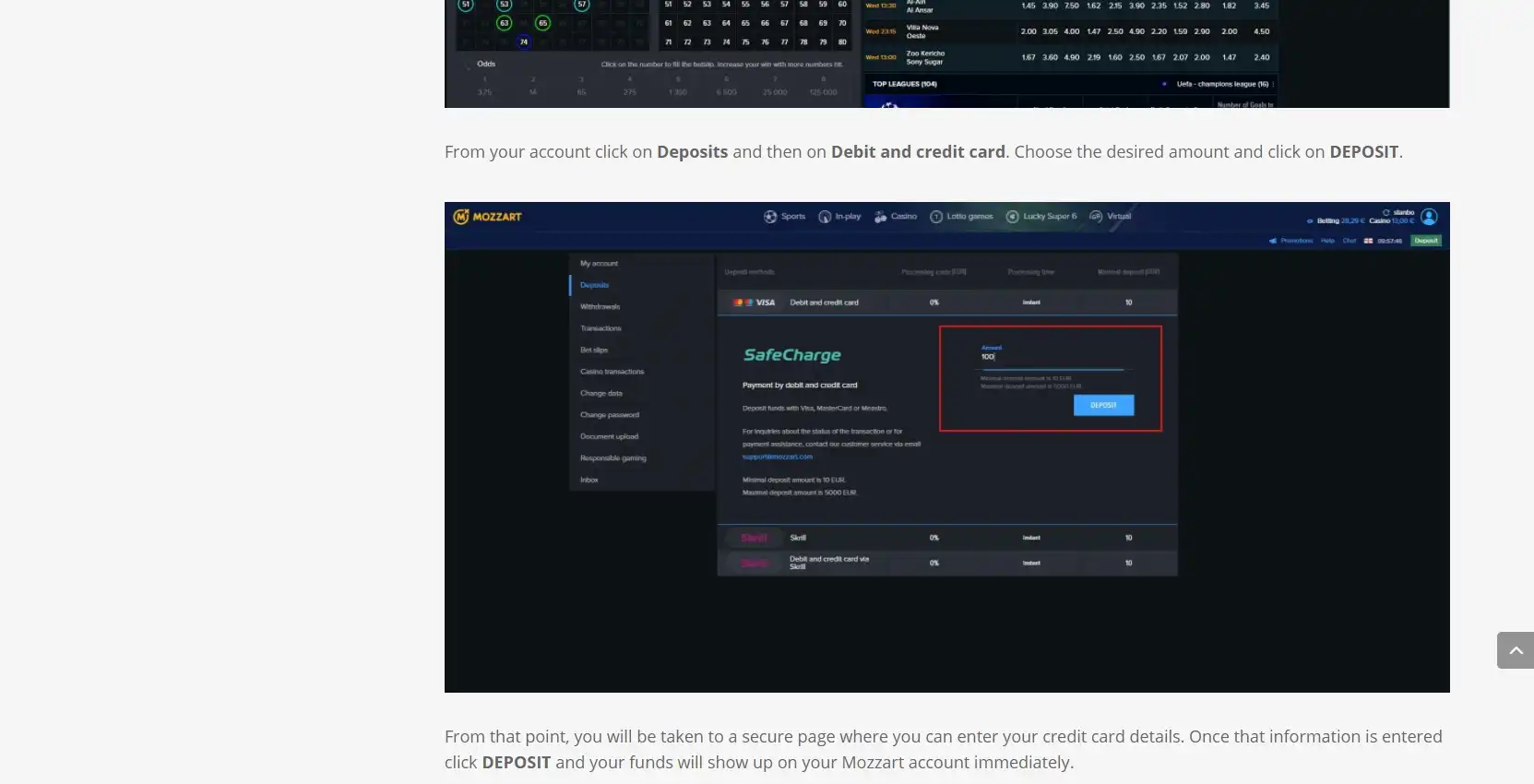Mozzart Casino Payment Methods