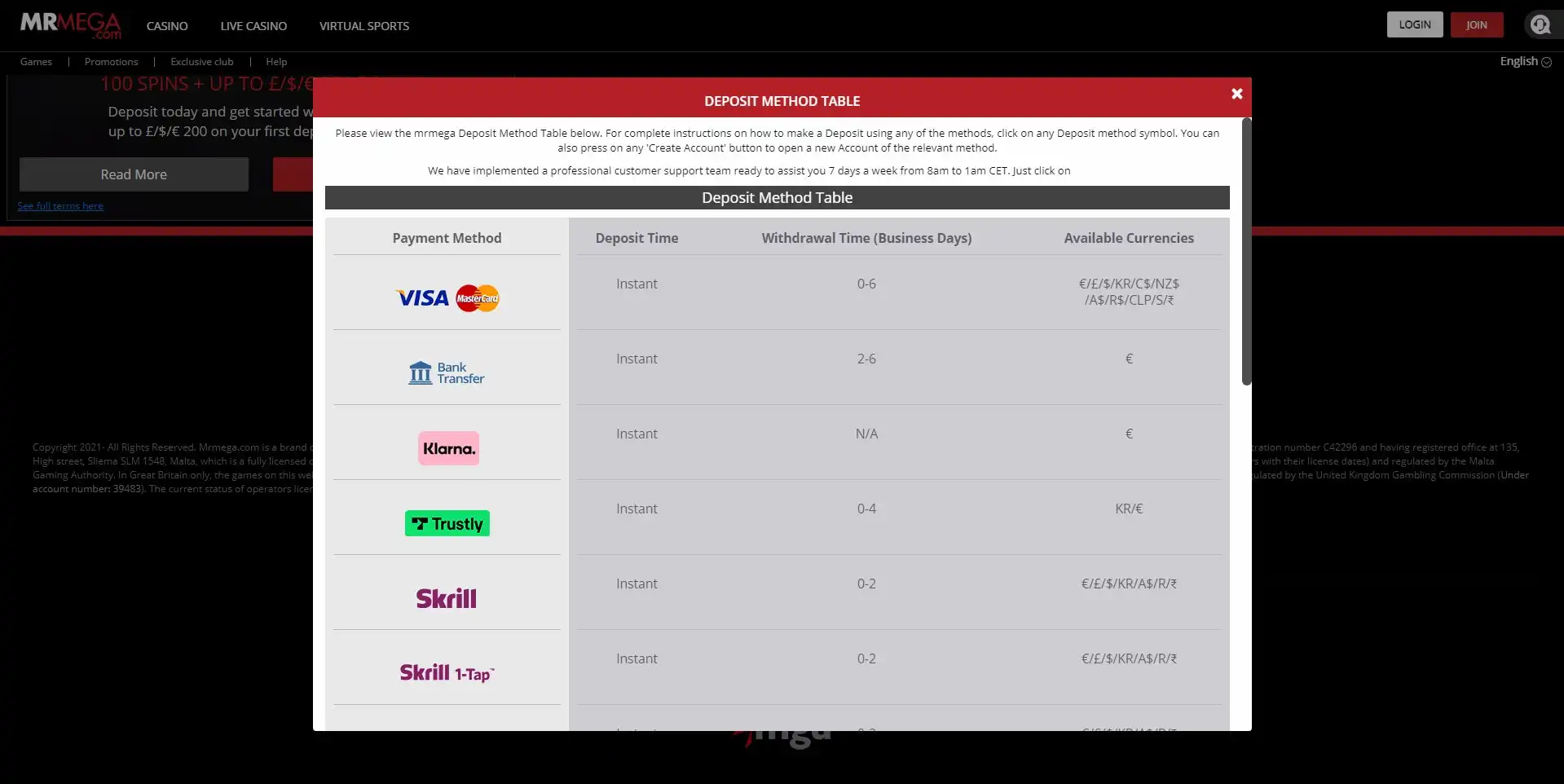 MrMega Casino Payment Methods