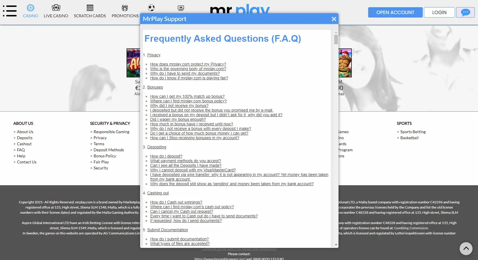 Mr Play Casino Support