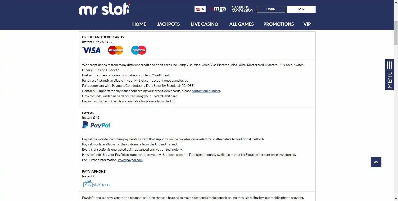 Mr Slot Casino Payment Methods