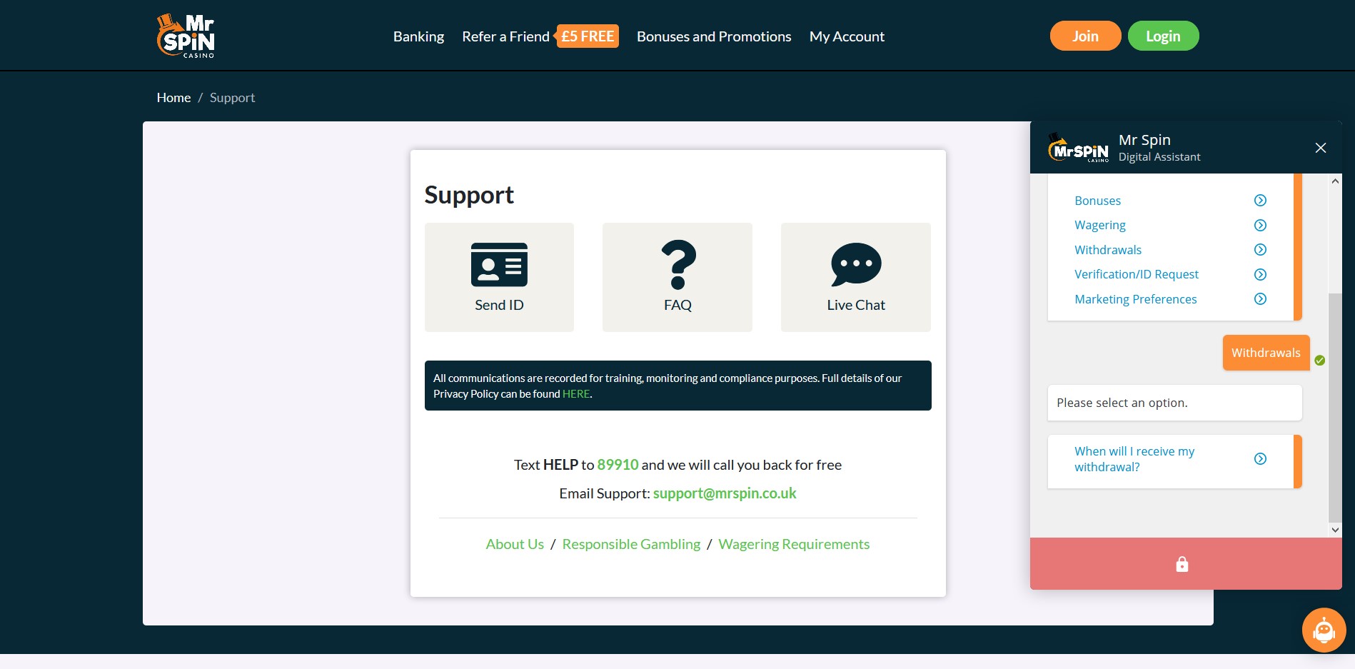 Mr Spin Casino UK Support