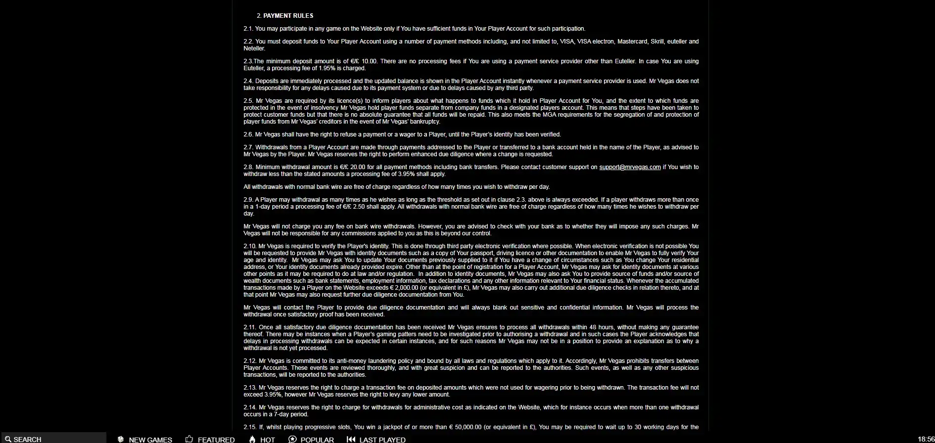 Mr Vegas Casino Payment Methods
