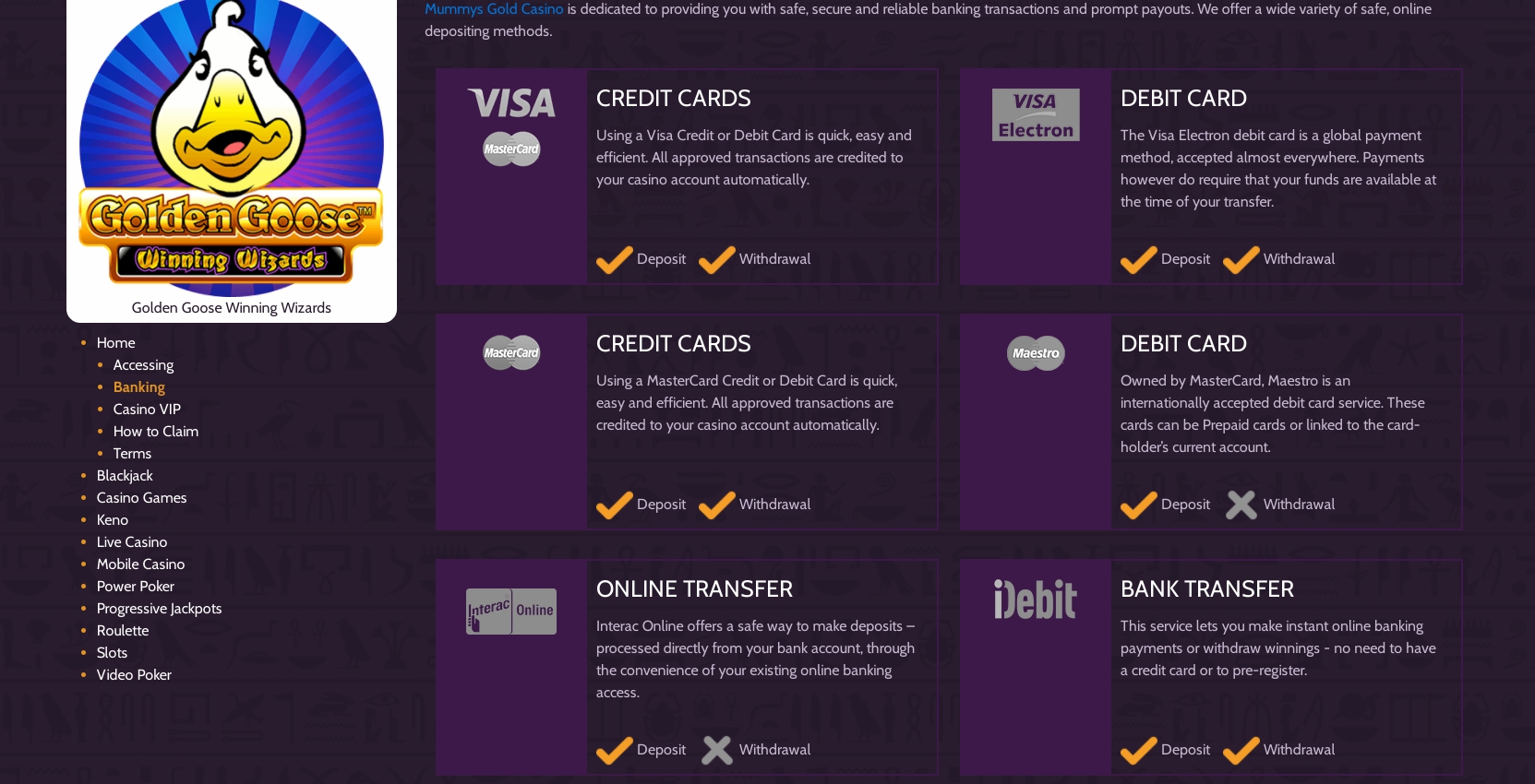 Mummys Gold Casino Payment Methods