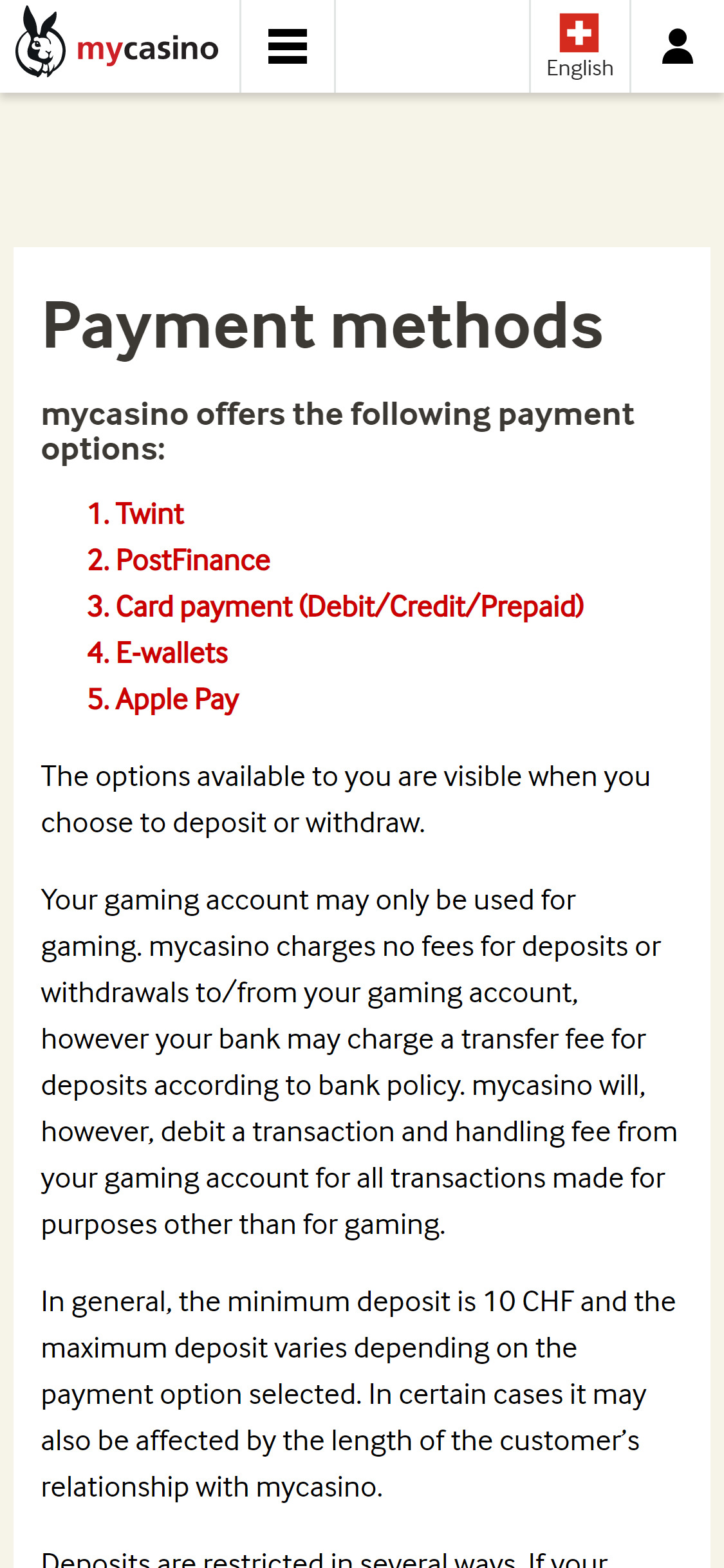 mycasino Mobile Payment Methods Review