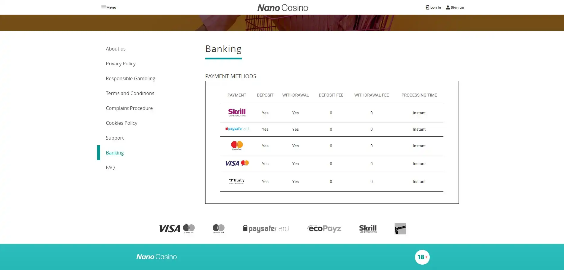 Nano Casino Payment Methods