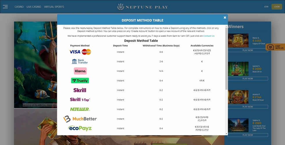 Neptune Play Payment Methods