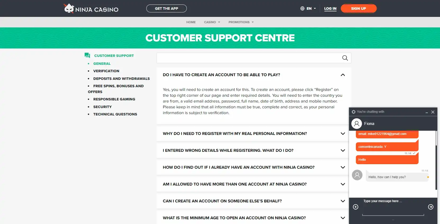 Ninja Casino Support