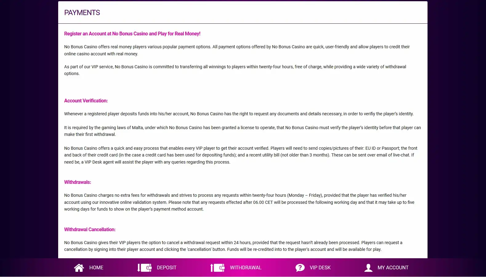Nobonus Casino Payment Methods