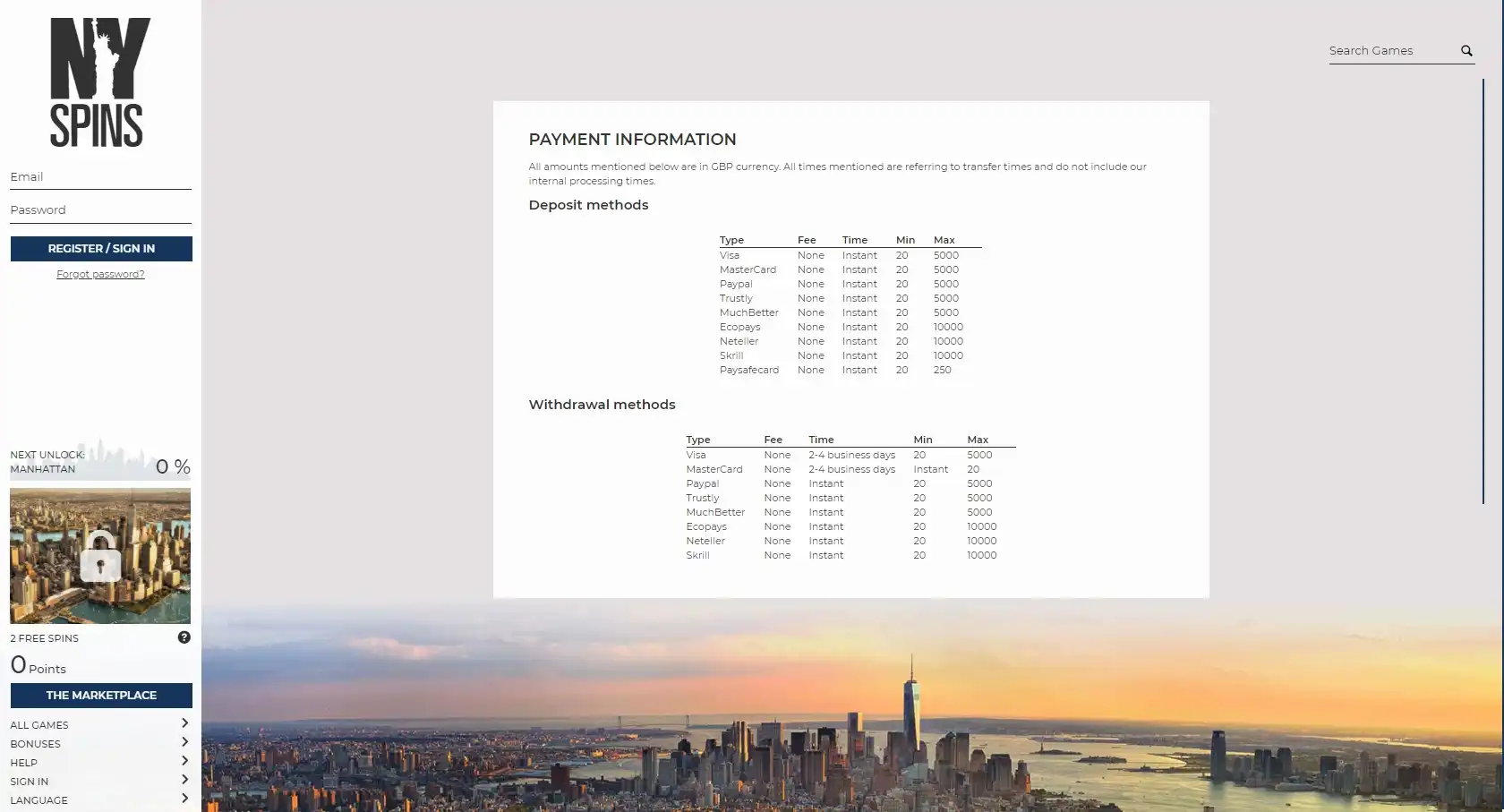 NYspins Casino Payment Methods