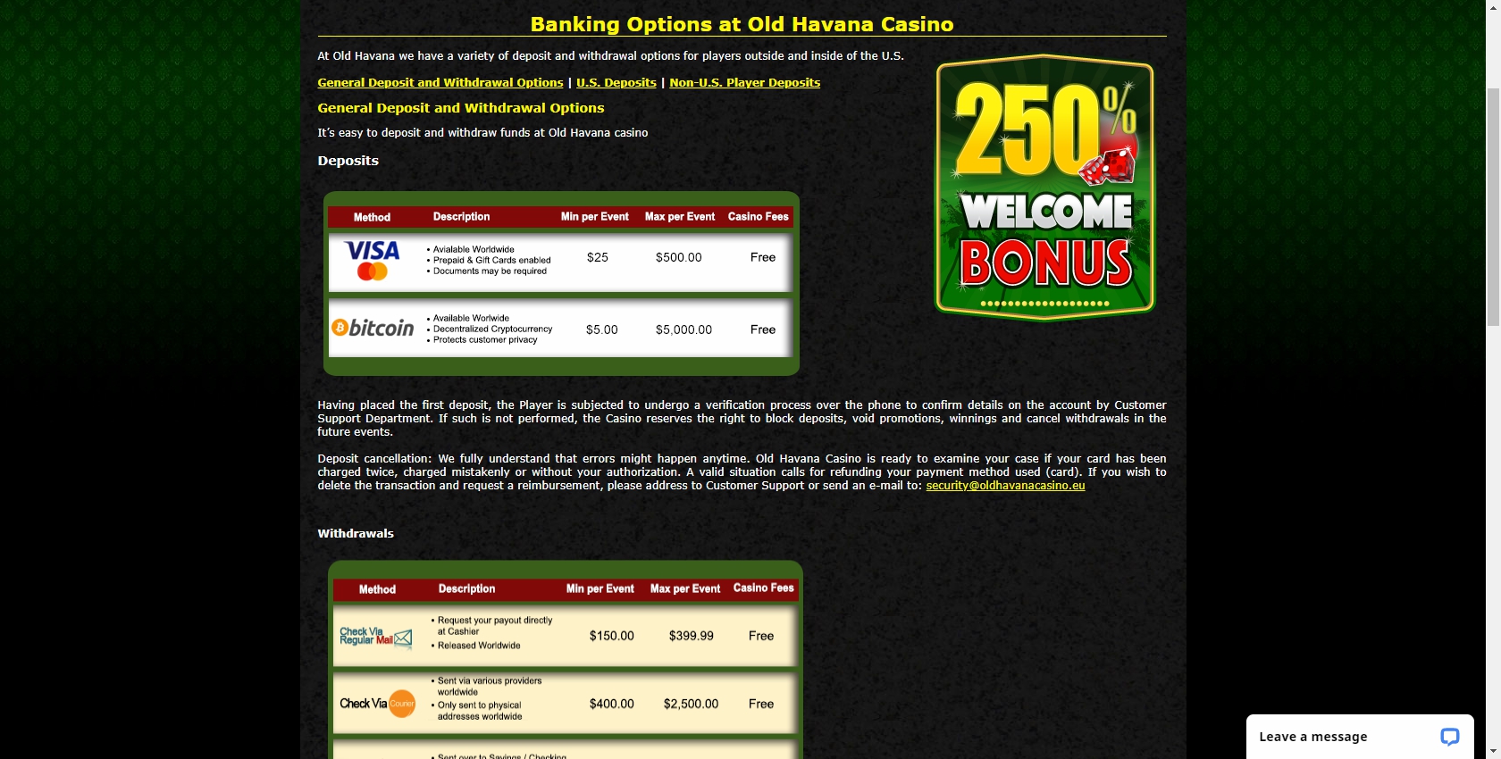 Old Havana Casino Payment Methods