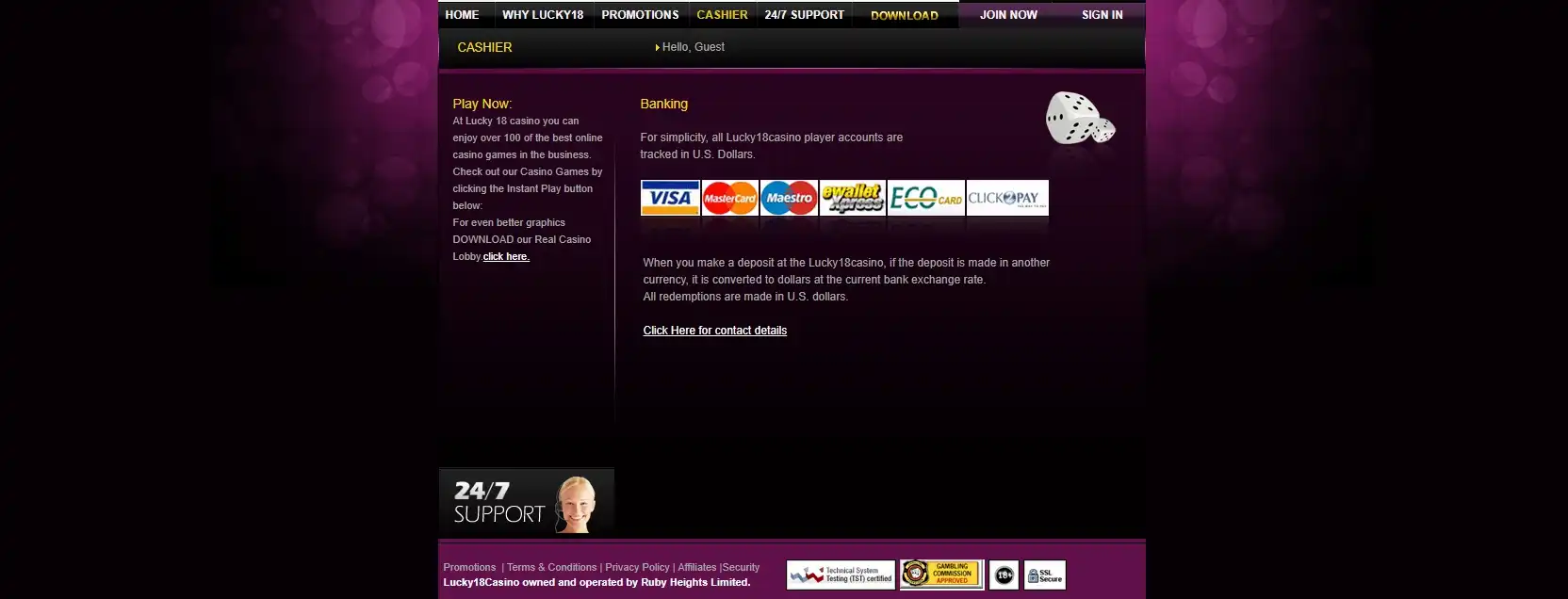 Lucky 18 Casino Payment Methods