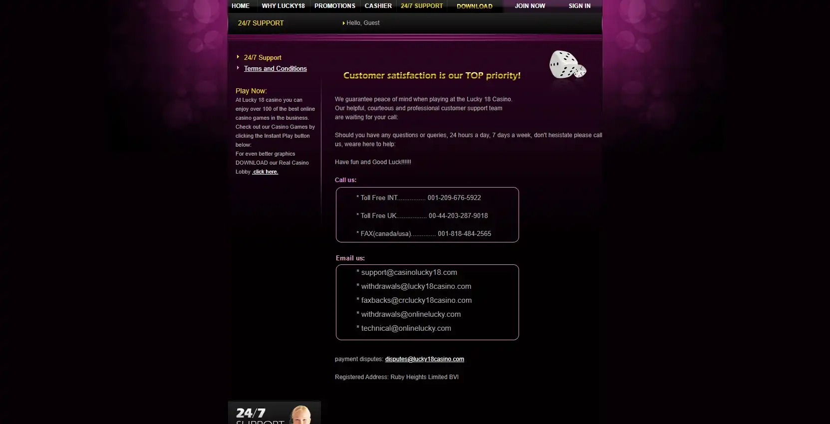 Lucky 18 Casino Support