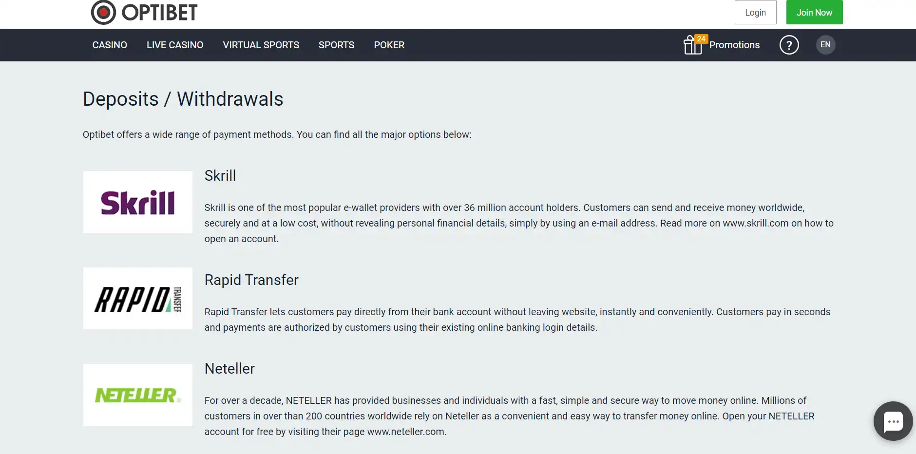 OptiBet Casino Payment Methods