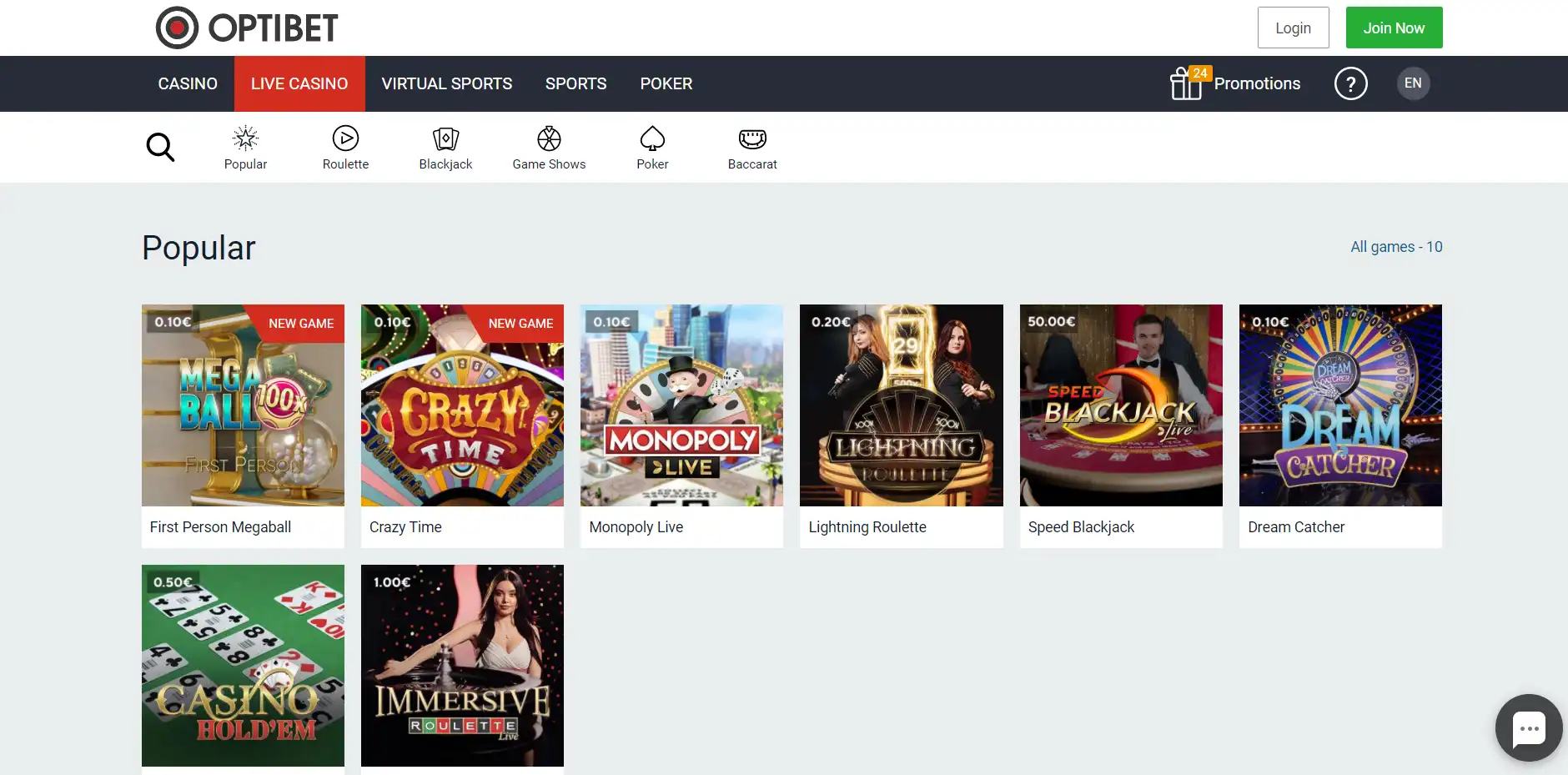 OptiBet Casino Live Dealer Games