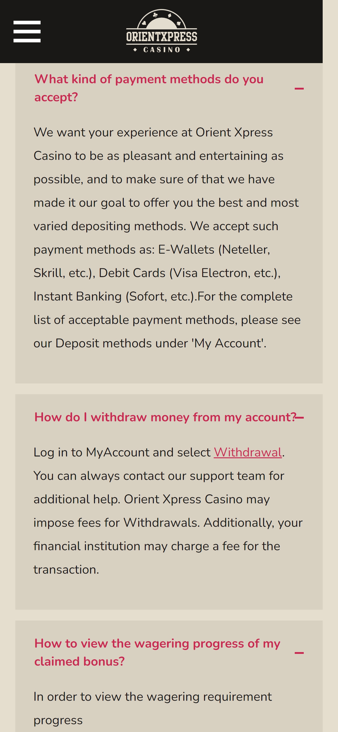 Orient Xpress Casino Mobile Payment Methods Review