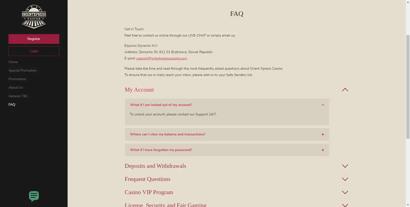 Orient Xpress Casino Support