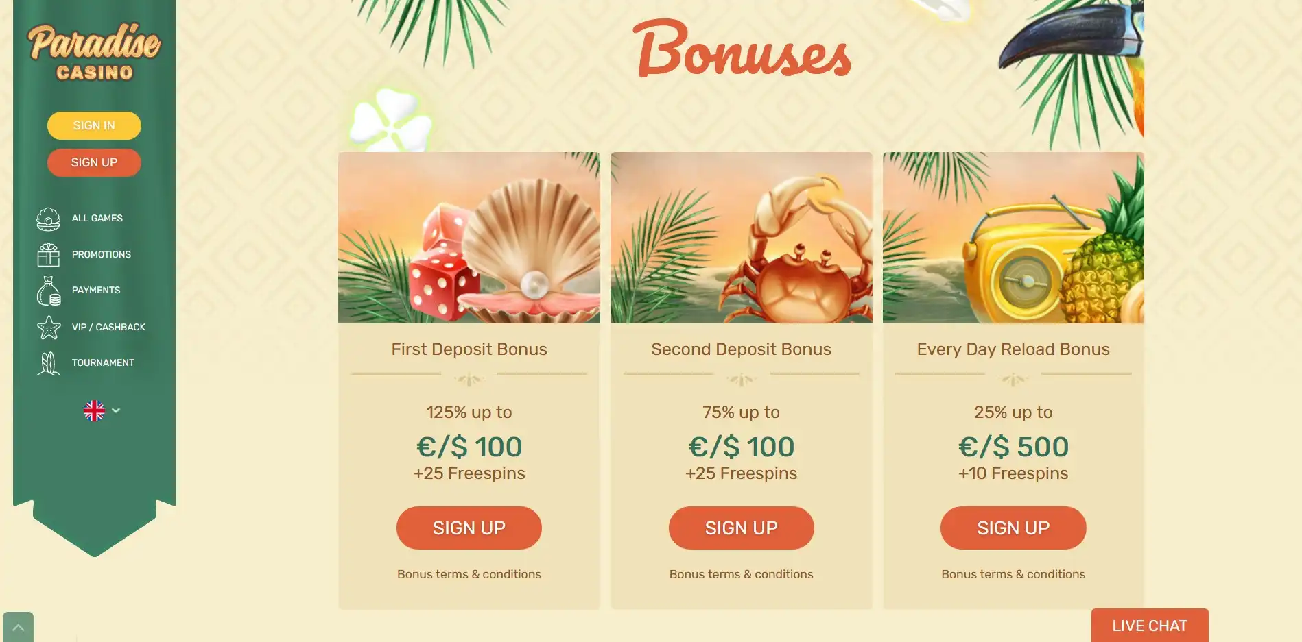 Paradise Casino No Deposit Bonus