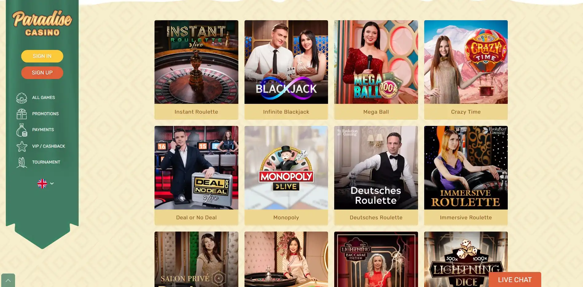 Paradise Casino Live Dealer Games