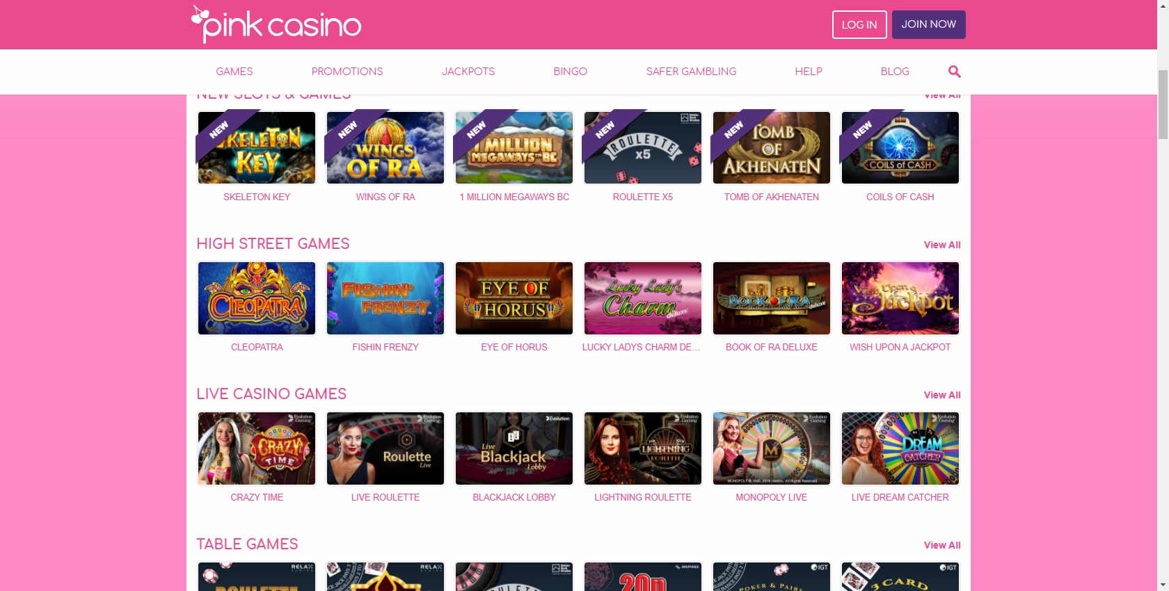 Pink Casino UK Games