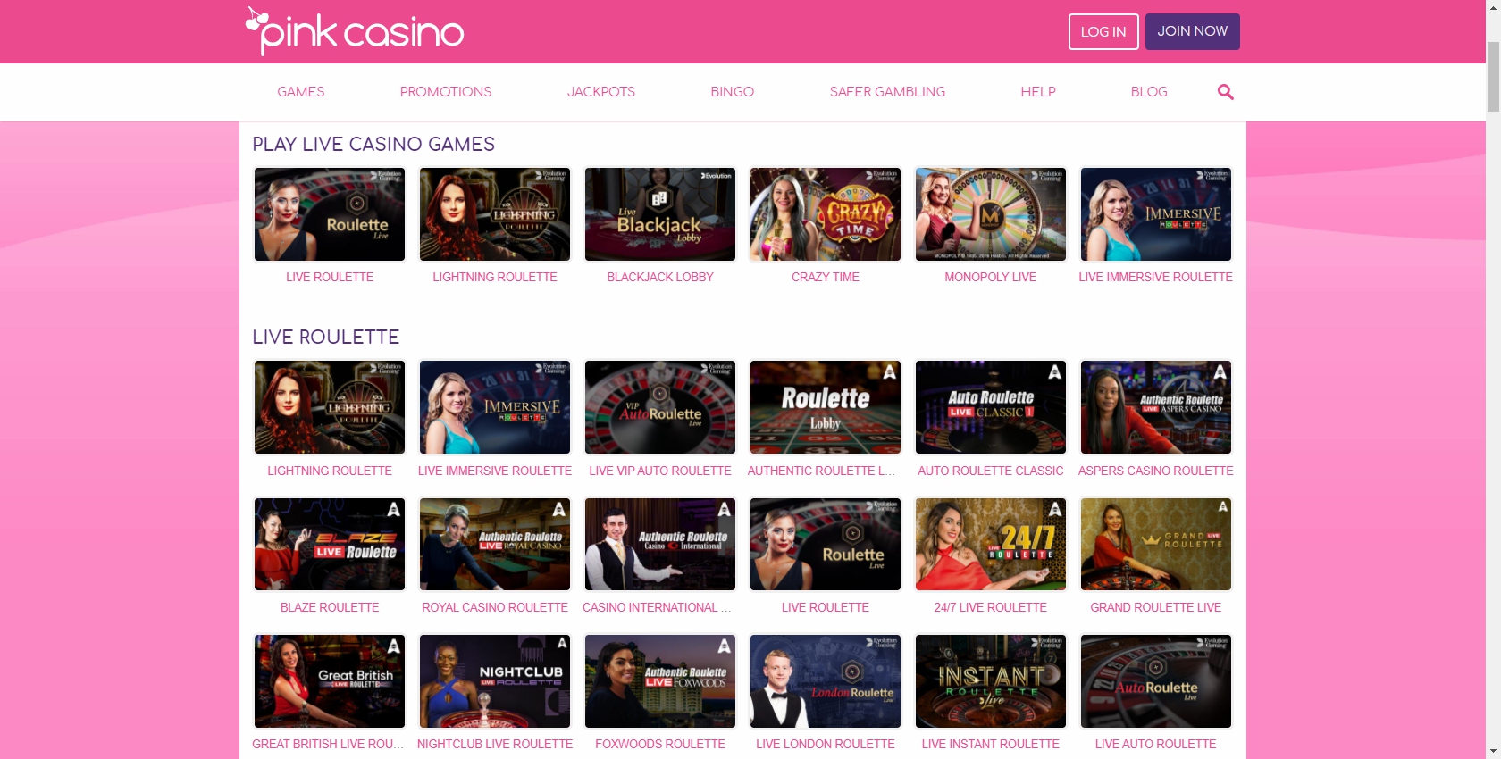 Pink Casino UK Live Dealer Games