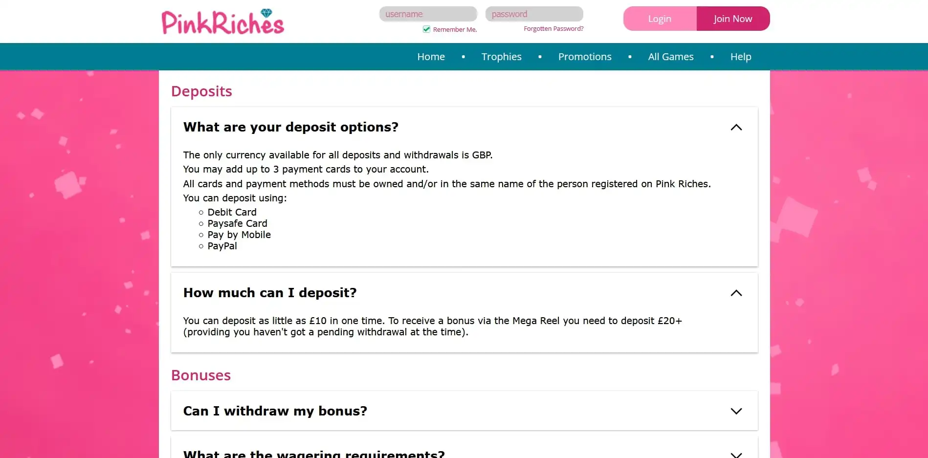 Pink Riches Casino Payment Methods