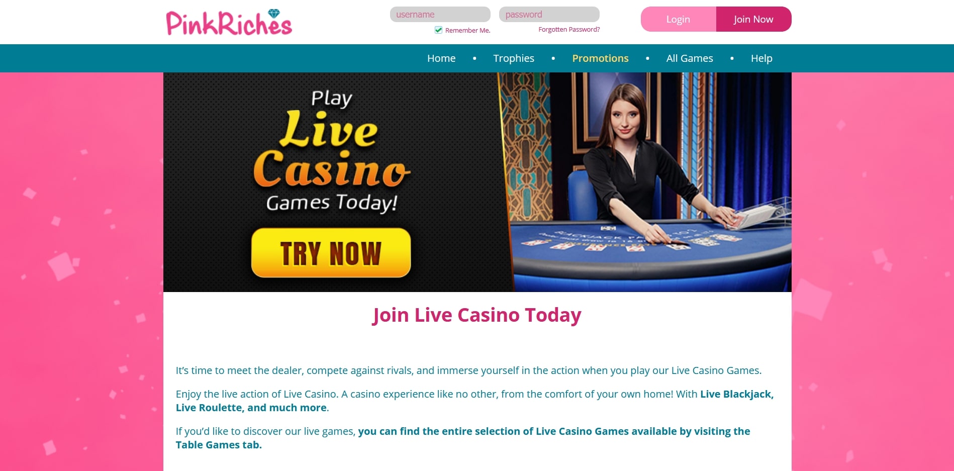 Pink Riches Casino Live Dealer Games