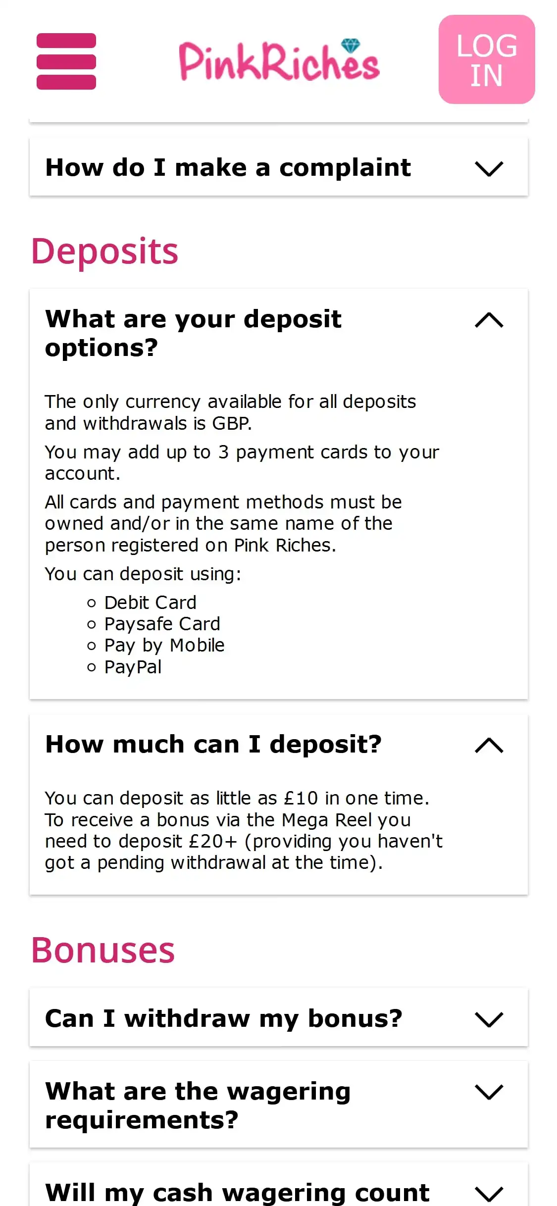 Pink Riches Casino Mobile Payment Methods Review