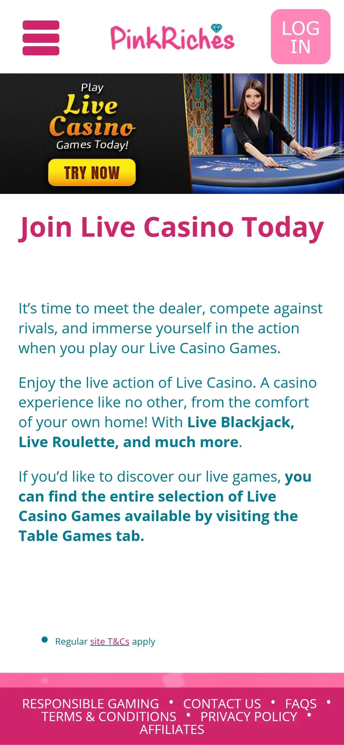 Pink Riches Casino Mobile Live Dealer Games Review