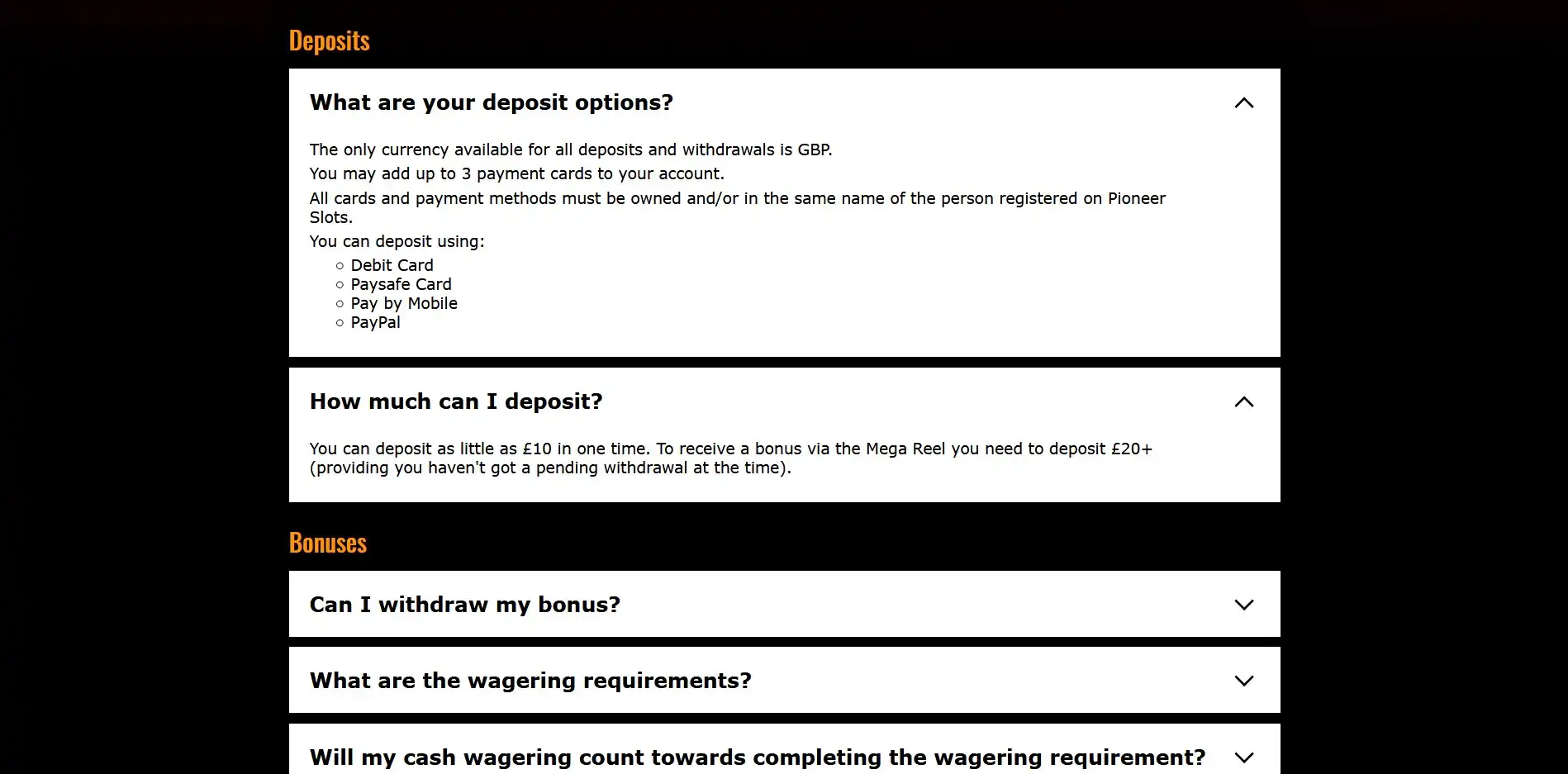 Pioneer Slots Casino Payment Methods