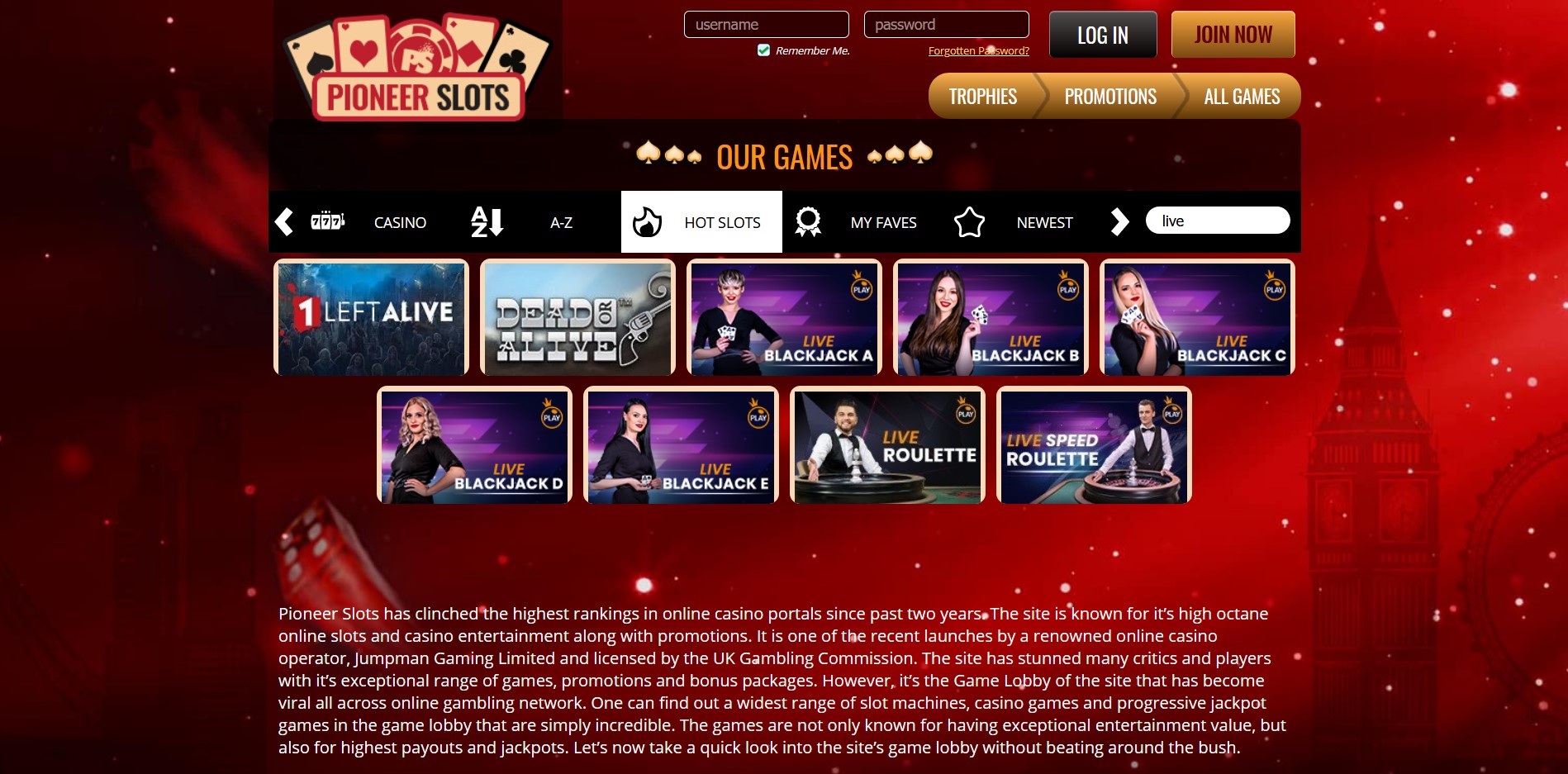 Pioneer Slots Casino Live Dealer Games