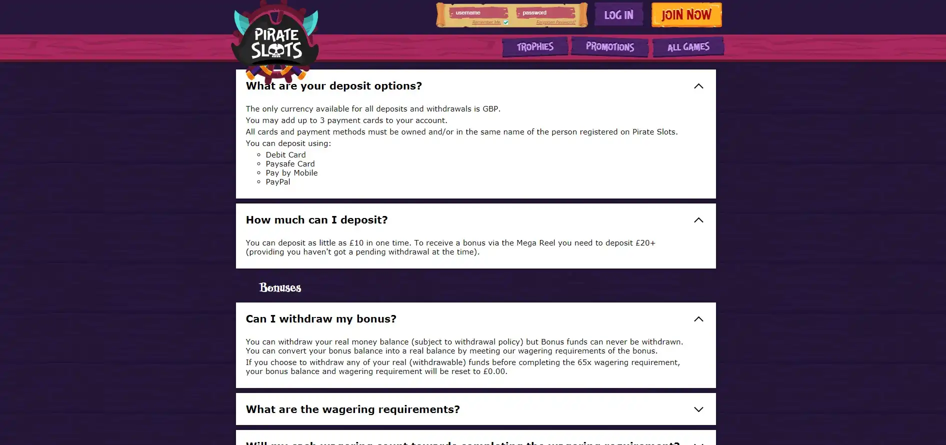 Pirate Slots Casino Payment Methods