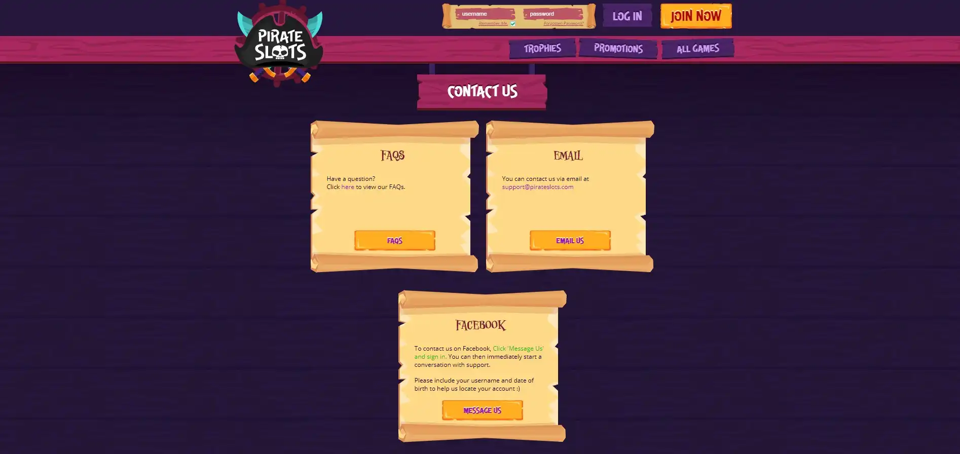 Pirate Slots Casino Support