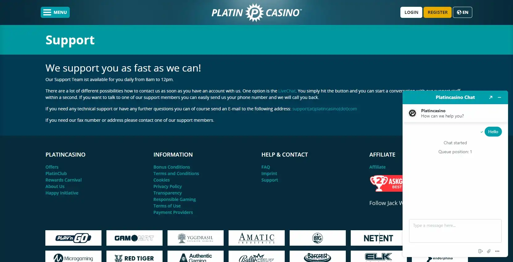 Platin Casino Support