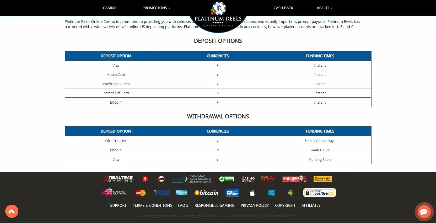 Platinum Reels Casino Payment Methods