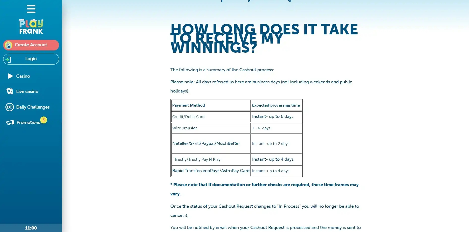 Play Frank Casino Payment Methods