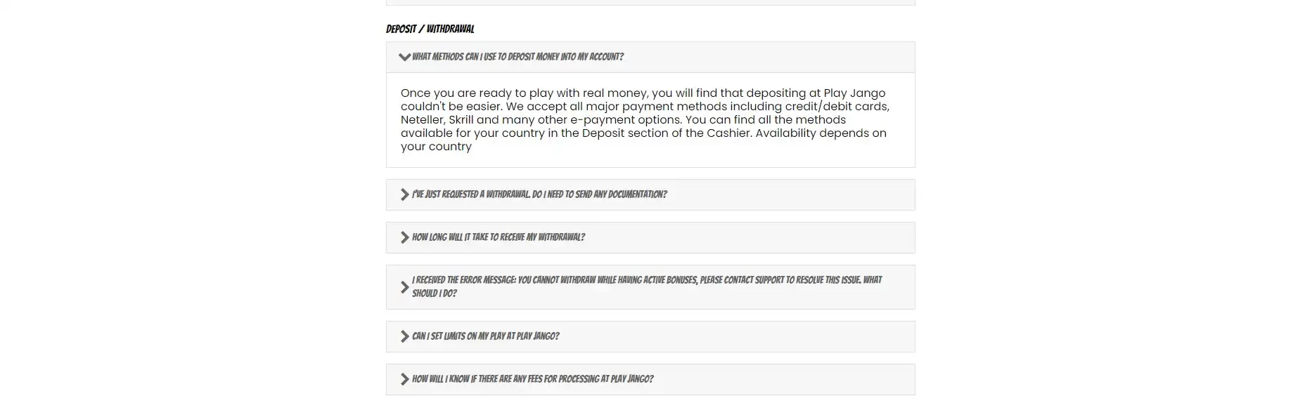 PlayJango Casino Payment Methods