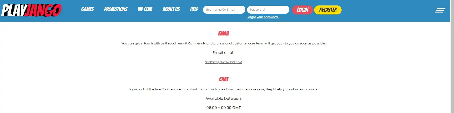 PlayJango Casino Support