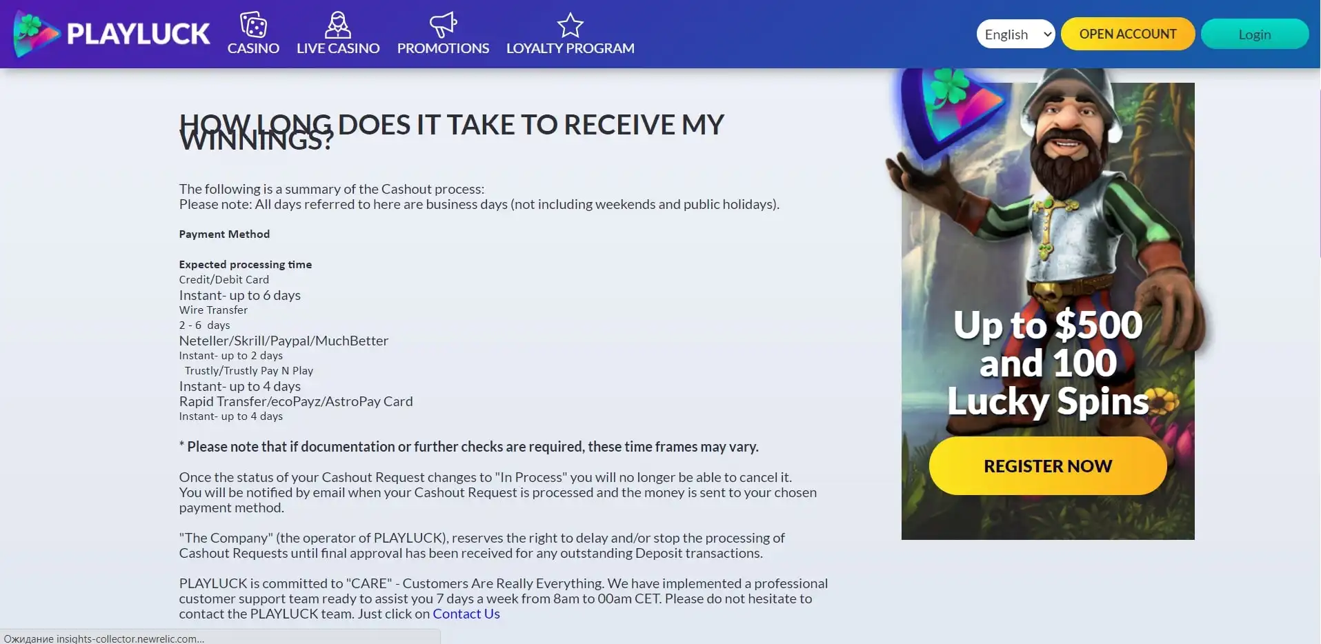 Playluck Casino Payment Methods