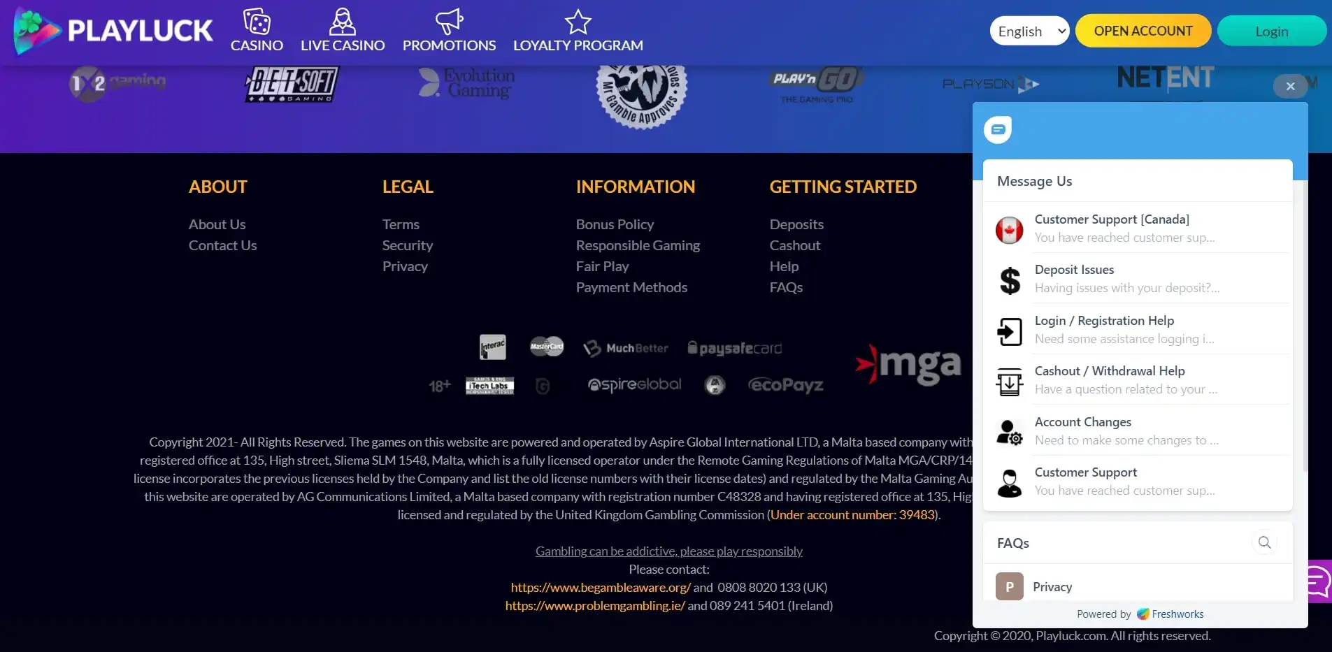 Playluck Casino Support