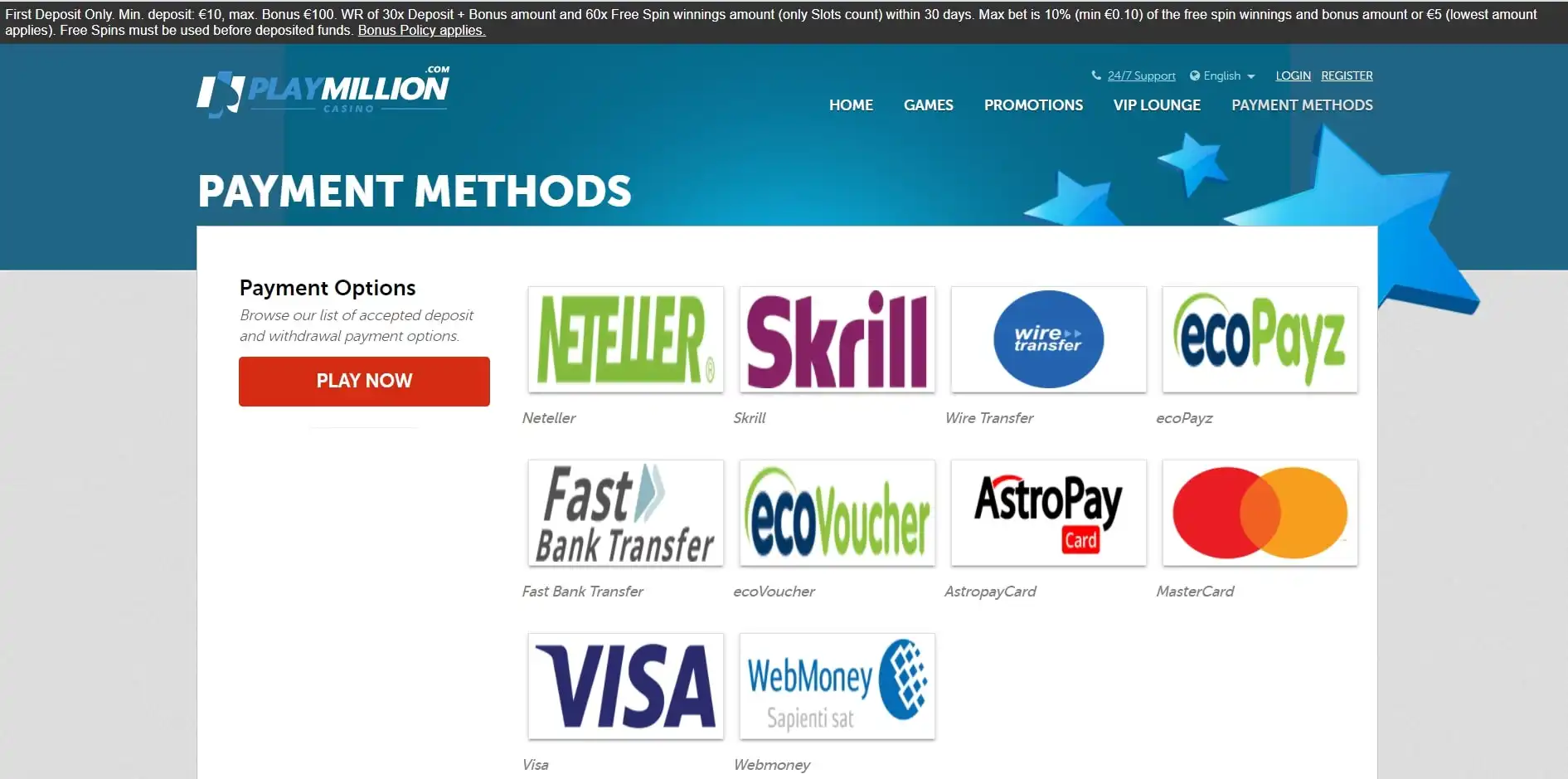 PlayMillion Casino Payment Methods