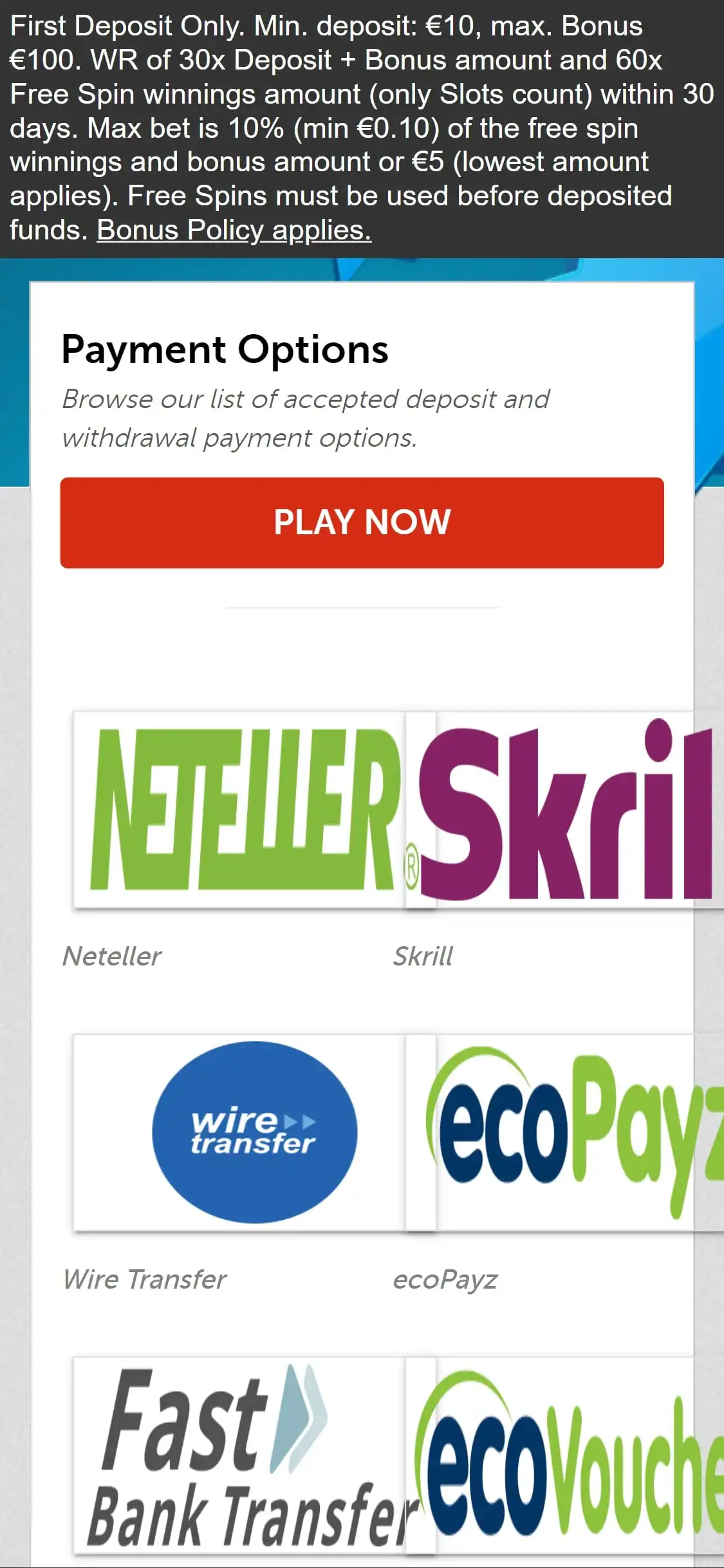 PlayMillion Casino Mobile Payment Methods Review