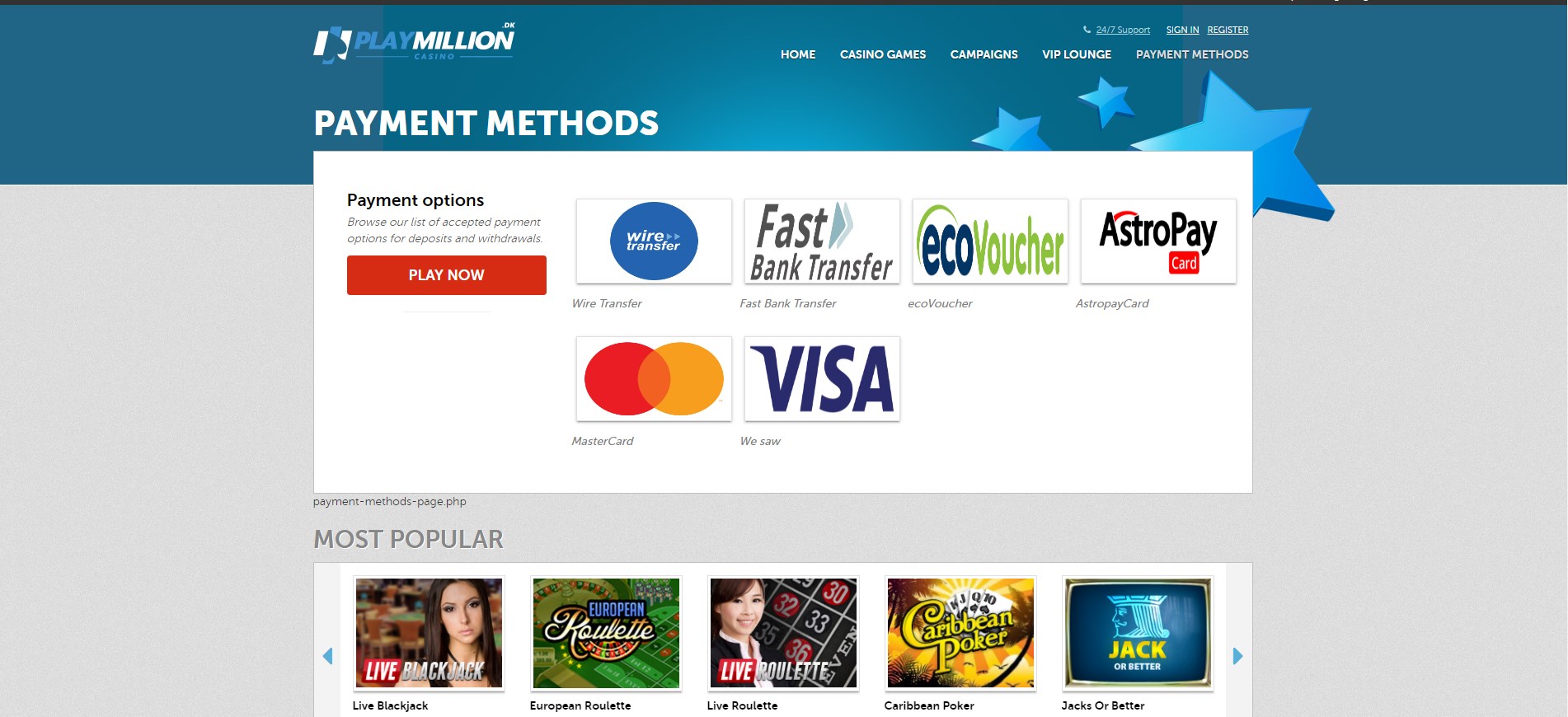 PlayMillion DK Casino Payment Methods