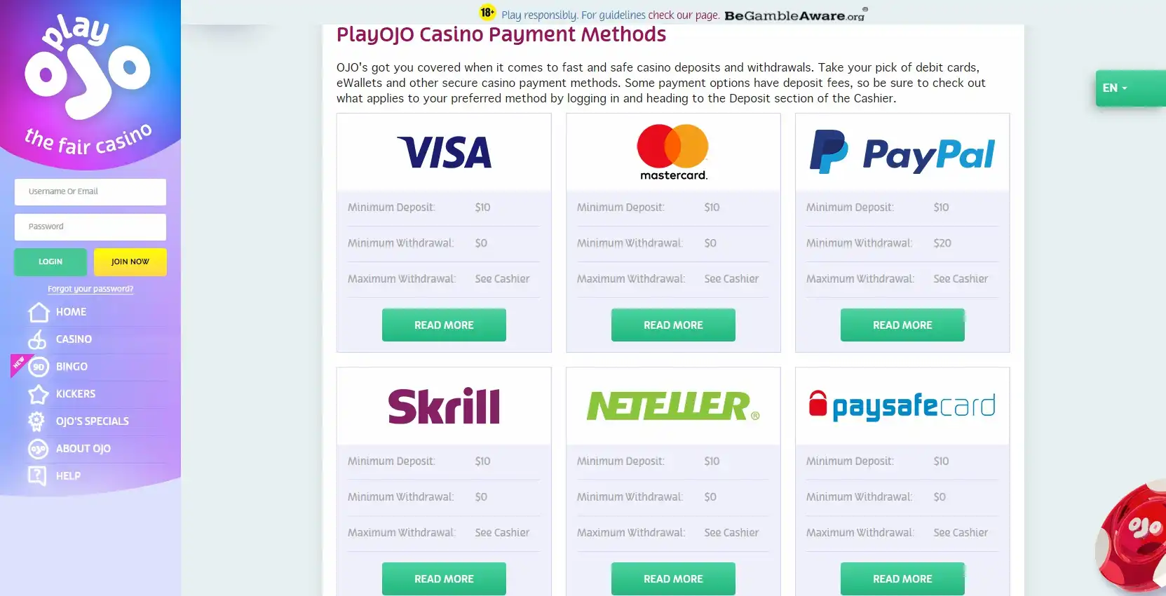 Play OJO Casino Payment Methods