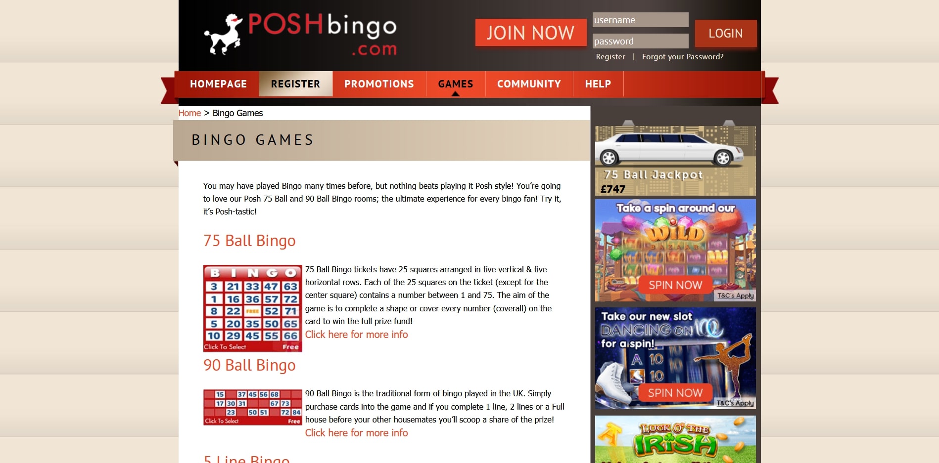 Posh Bingo Casino Games