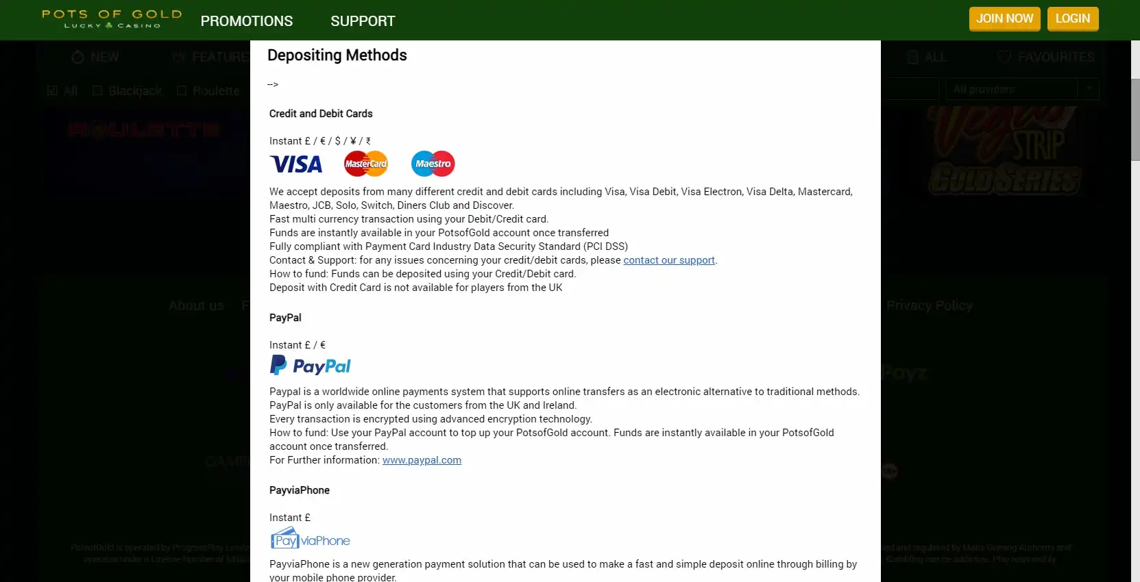 Pots Of Gold Casino Payment Methods